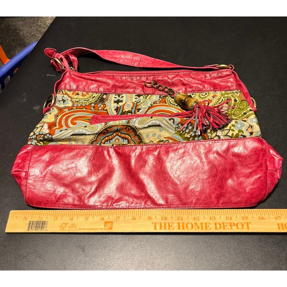 Boho Paisley Shoulder Bag Pink Faux Leather Trim Tassel Zip Purse Medium - Picture 9 of 10
